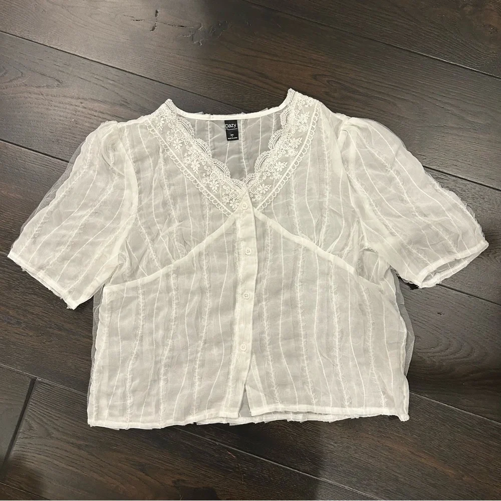 NWOT Sheer Frilled Mesh Blouse - Picture 9 of 9